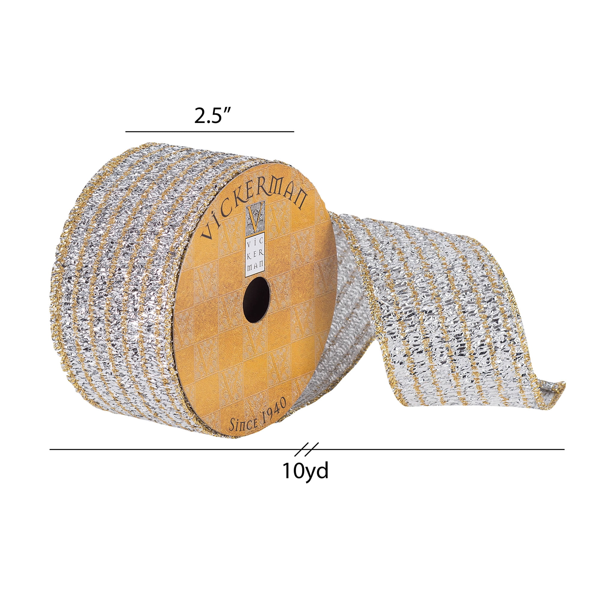 Vickerman 2.5" x 10 Yards Silver and Gold Tinsel Christmas Ribbon