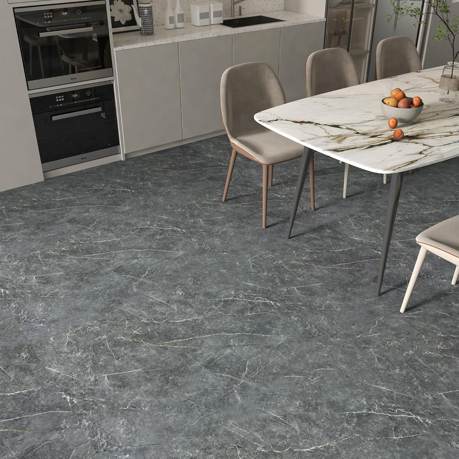 24"x591" Marble Peel and Stick Flooring Roll Vinyl Floor Tiles Waterproof Stick on Flooring Matte PVC Floor Contact Paper for Floors Dark Grey Vinyl Laminate Flooring for Kitchen Bathroom
