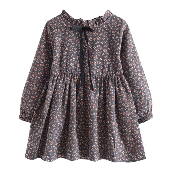 Odeerbi 2-14 Años Niñas Vestido Floral Primavera Otoño Algodón Vestido Plisado Niños Encaje Cuello Redondo Manga Larga