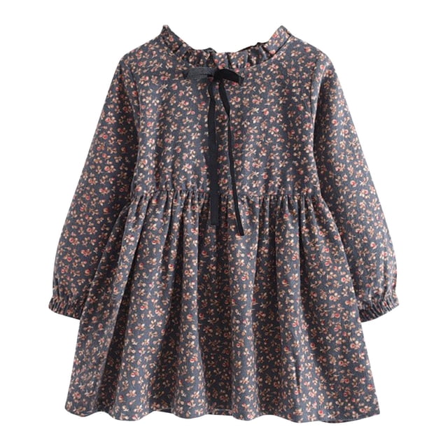 Odeerbi 2-14 Años Niñas Vestido Floral Primavera Otoño Algodón Vestido Plisado Niños Encaje Cuello Redondo Manga Larga