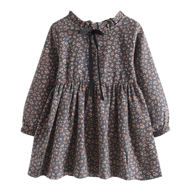 Odeerbi 2-14 Años Niñas Vestido Floral Primavera Otoño Algodón Vestido Plisado Niños Encaje Cuello Redondo Manga Larga