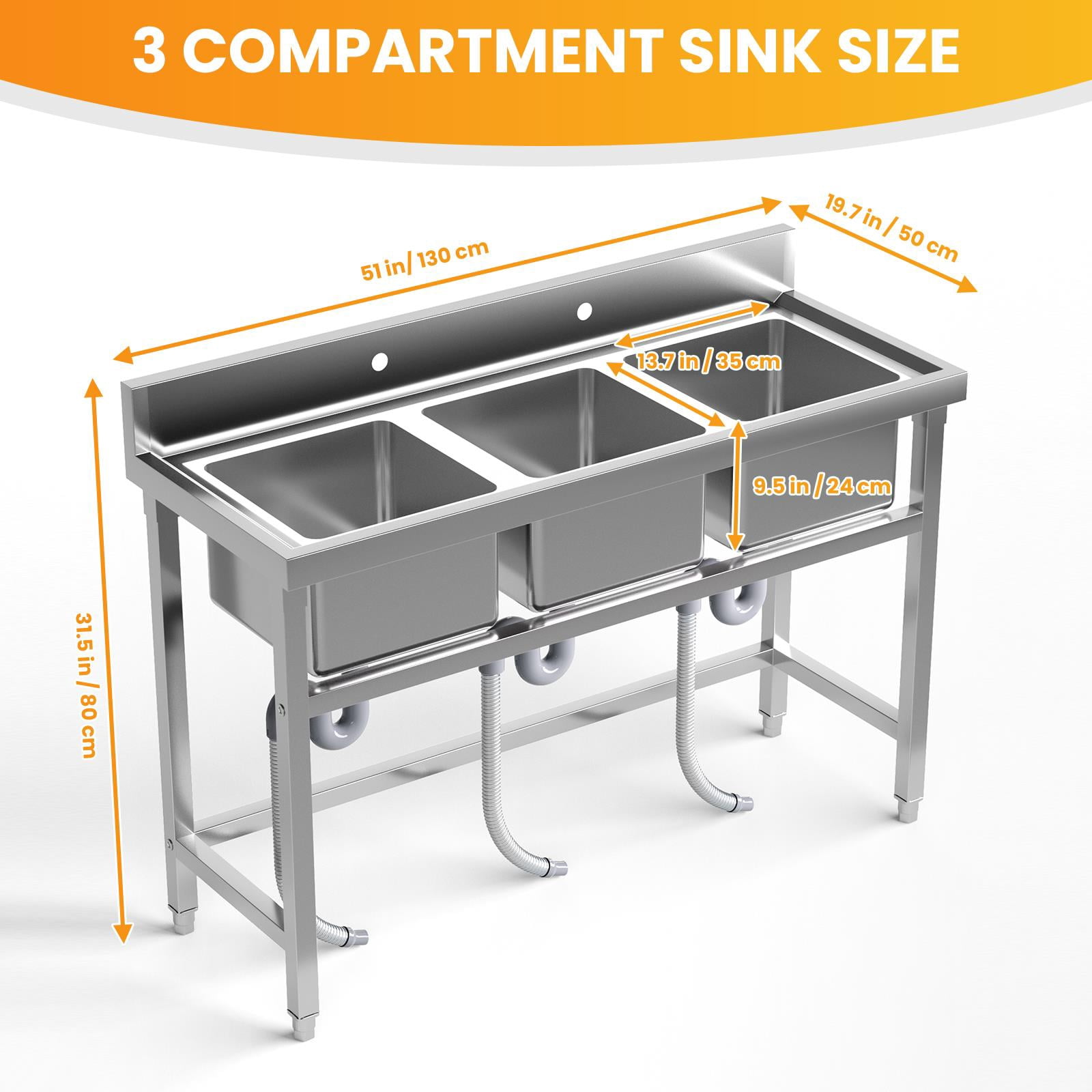 Zhuotong51" 3-Compartment Commercial Sink, Heavy-Duty Stainless Steel Free Standing Sink with Backsplash, Utility Sink for Restaurant, Kitchen & Garage
