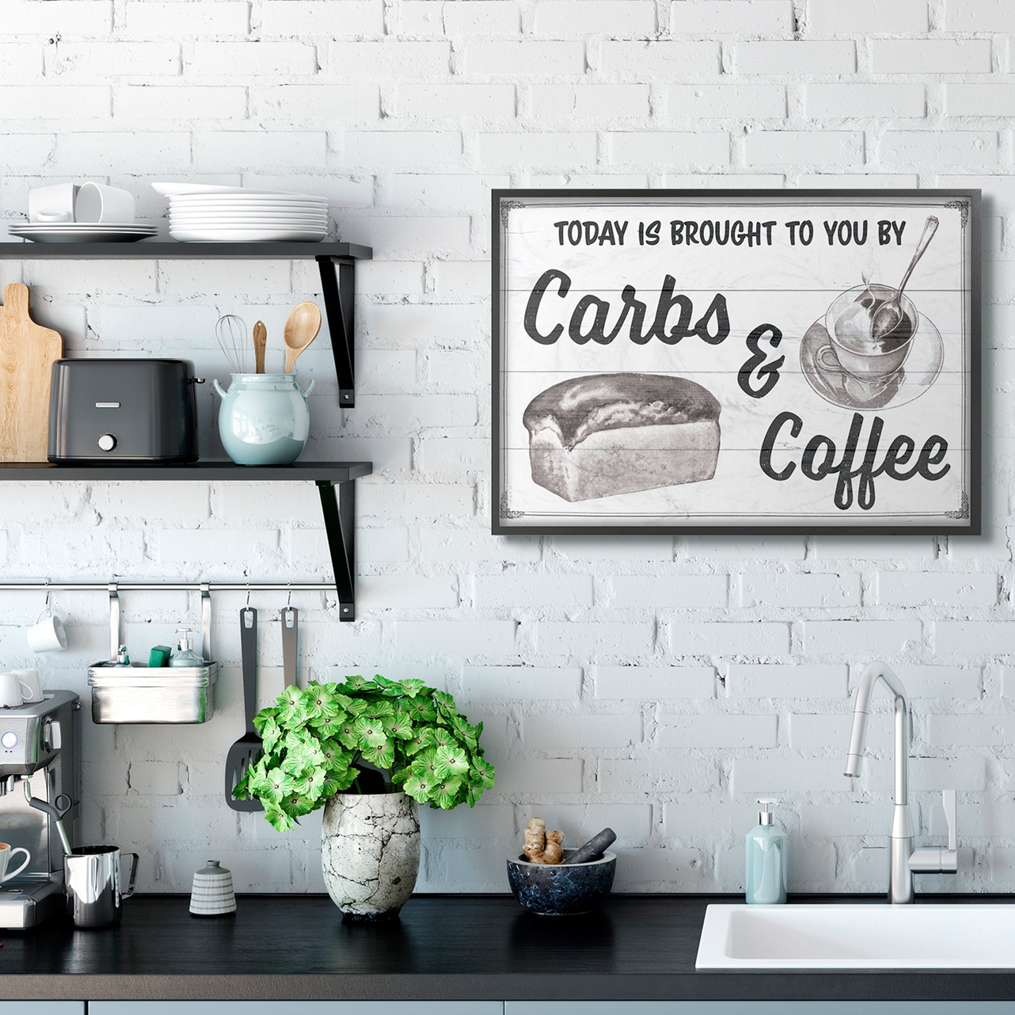 Stupell Industries Carbs and Coffee Kitchen Humor Rustic Word Design Framed Wall Art by The Saturday Evening Post