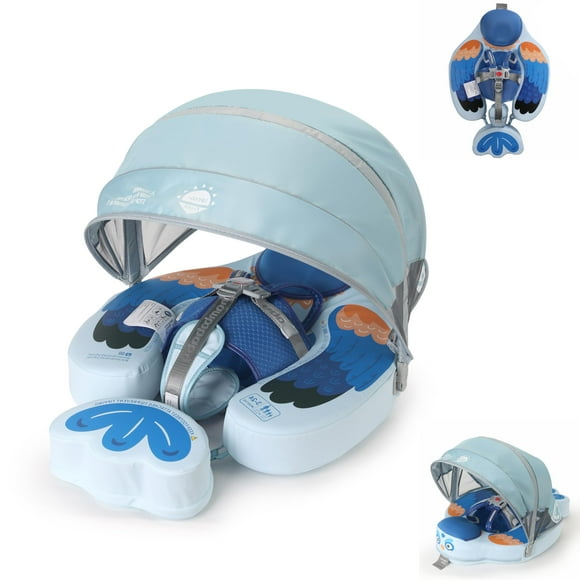 Upgraded Baby Pool Float Mambobaby Float with Canopy, Non-Inflatable Baby Floats for 3-24 Months, No Flip Over Swim Trainer for Infants (Bird-Blue)