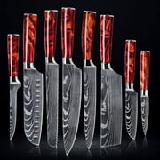 8-piece Professional Japanese Kitchen Knife Set with Laser Damascus Pattern - Crimson Red Collection - Chef's Knife, Paring Knife, Bread Knife & More