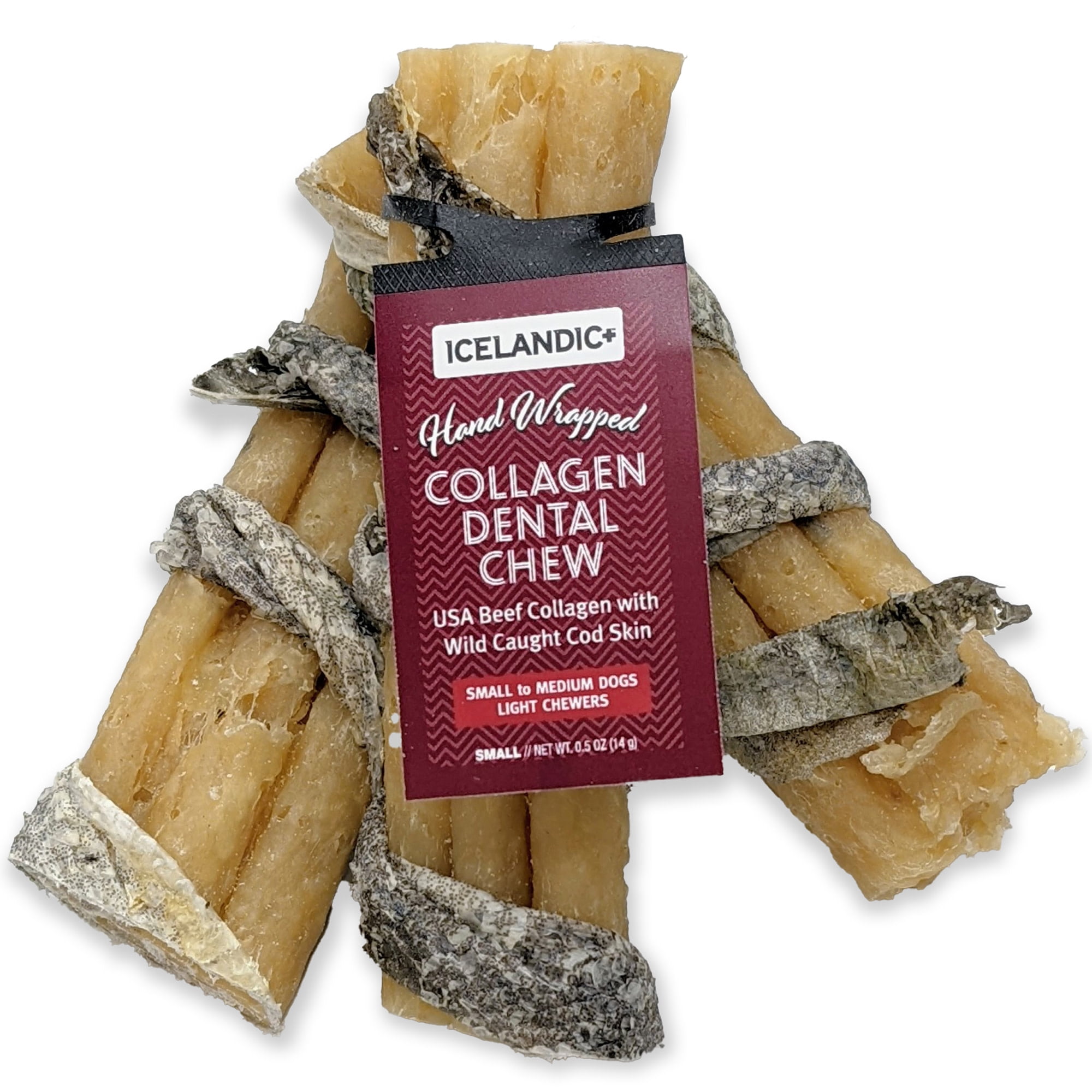 Icelandic+ Collagen Dental Chew: Beef & Cod Skin - 12 Pack - 4" Dog Treat Stick, Hand-Wrapped Fish, 2 Ingredient Pet Snack, Dental Rawhide Alternative