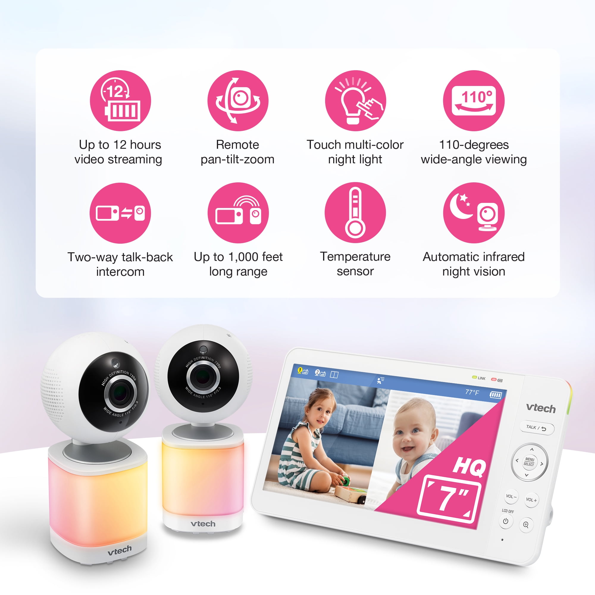 VTech 2 Camera 7" Digital Video Baby Monitor with Pan-Tilt-Zoom, 600p High-Quality Display, and No WiFi, VM7468-2HQ (White)