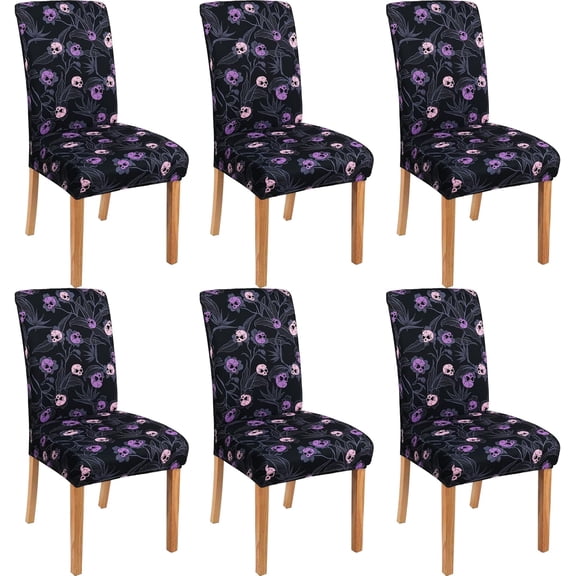Halloween Goth Skull Chair Covers for Dining Room Set of 6 Halloween Gothic Skeleton Stretch Dining Chair Slipcovers 6 Pieces Spooky Washable Removable Seat Protector 6 Pack Decor