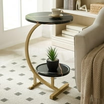 Kings Brand Furniture Rouge C-Shaped Side Table – Faux Marble Top & Gold Metal Frame Modern Accent Table, Sofa Table (Black)