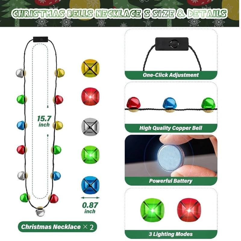 2Pcs Christmas Light Necklace, Bells Light up Christmas Necklace, Jingle Bells Xmas Necklaces Women Men, 3 Modes Party Favors Ugly Sweater Holiday Party Supplies Accessories
