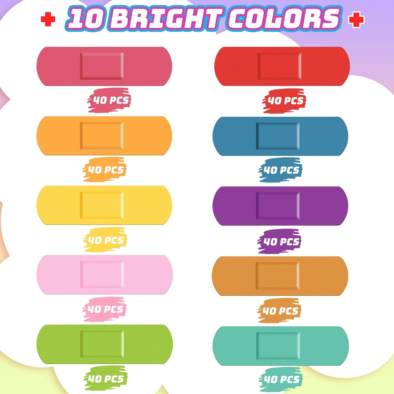 400 Pcs 10 Colors Kids Bandages Bulk Waterproof Breathable Bandages Neon Colorful Flexible Bandages Assorted Colors Flexible Protection Wound Care Scrapes and Slight Cut for Toddler Children