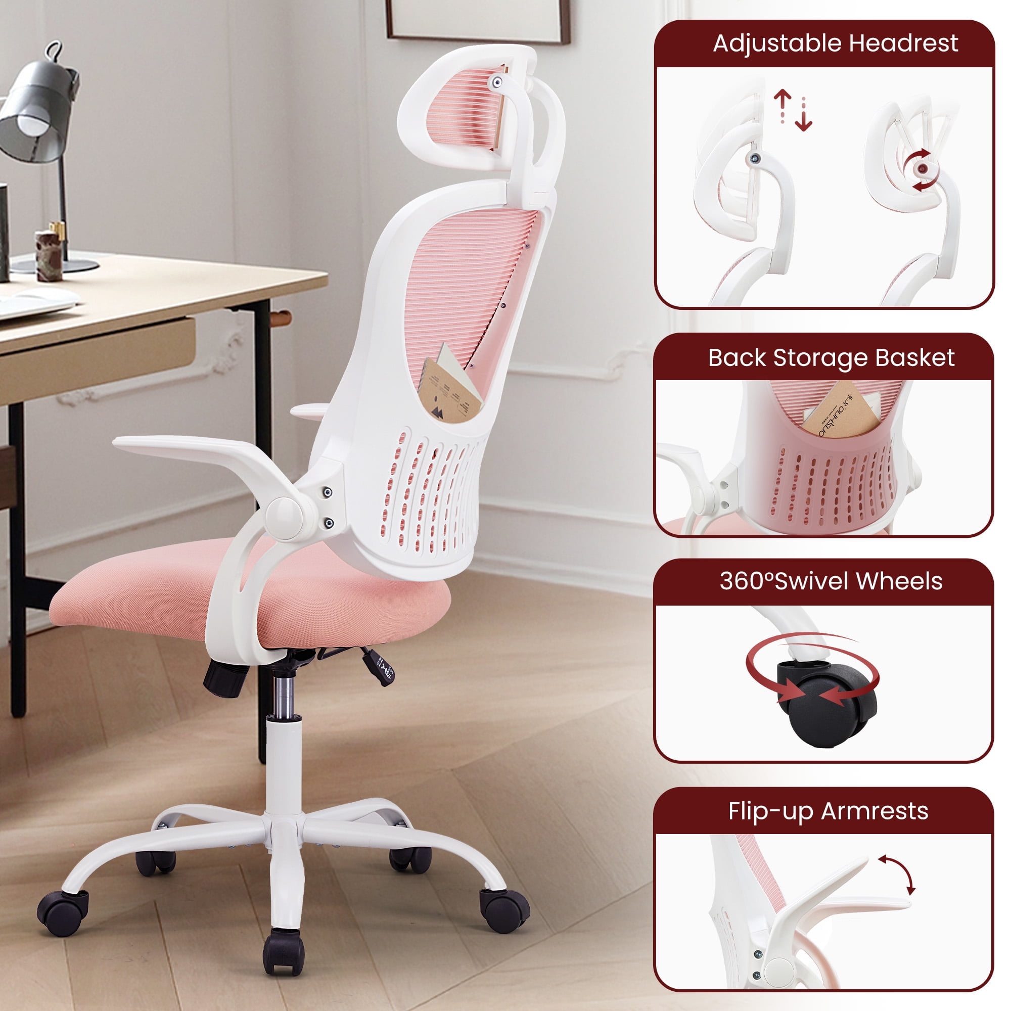 MCQ Office Chair, Ergonomic Home Mesh Office Desk Chairs, with Adjustable Armrests, Wheels and Mid-Back Task Chair with Lumbar Support,  Pink