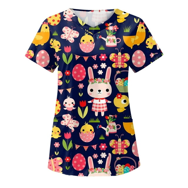 LSLJS Women's Fashion Short Sleeve V-Neck Tops Working Uniform Printing Pocket Blouse Tops, Easter Scrub Tops Women Plus Size