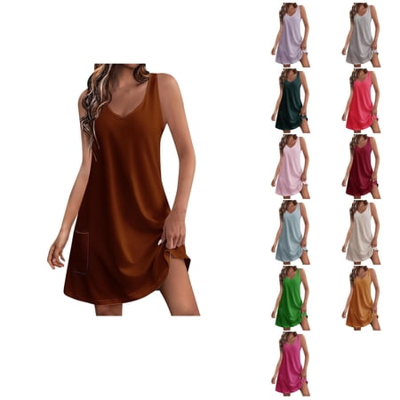Ahuyic Womens Casual Dress Womens Plus Size Dress Womens Summer Solid Color Pocket Sleeveless V-Neck Dress Brown S