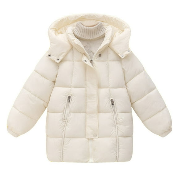 BFHHYA Girls Winter Mid-Length Puffer Coat Zip-Up Drawstring Hooded Jacket Thickened Warm Outerwear with Zip Pockets, for Family Trips (4-14Y)