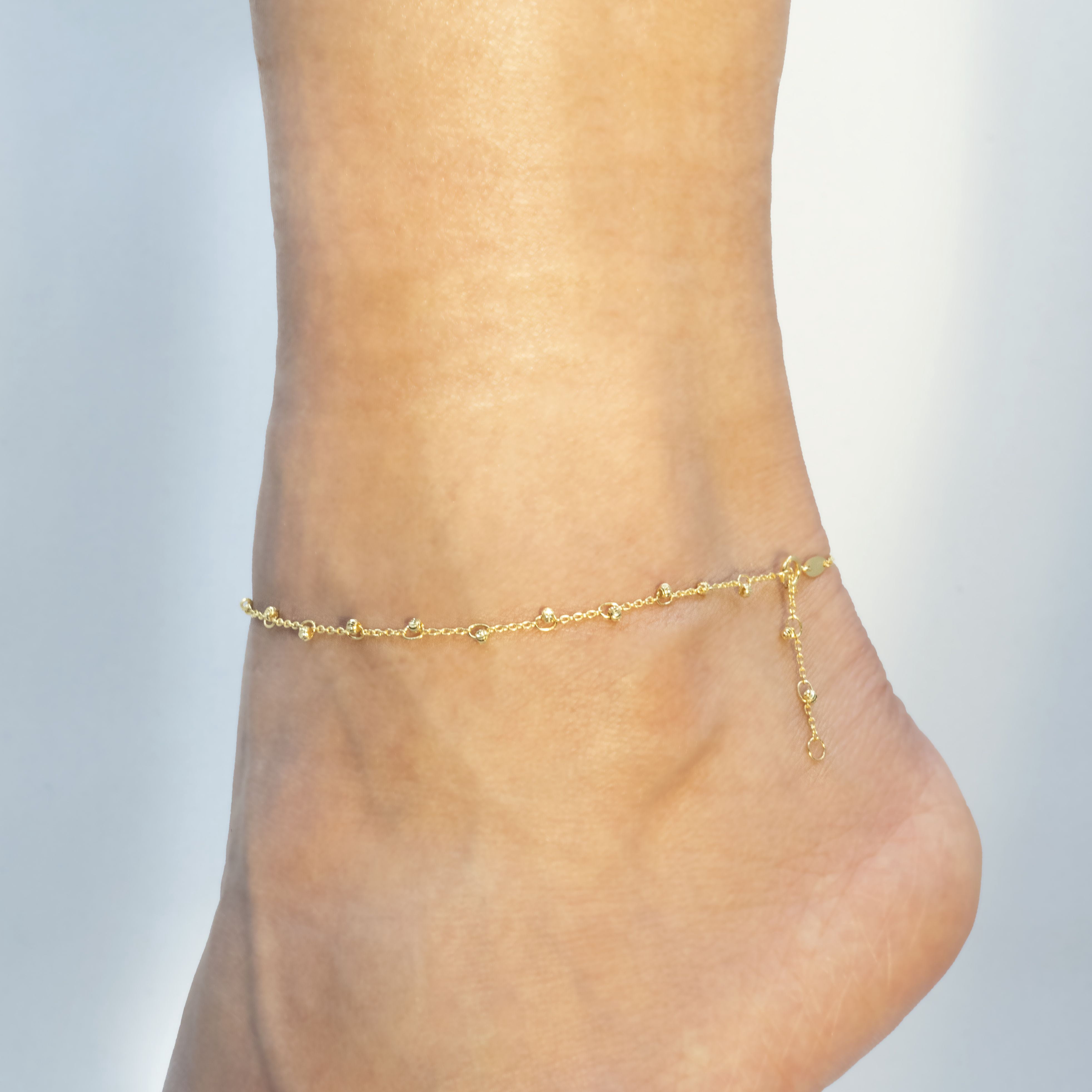 LoveBling 10k Yellow Gold 0.50mm Diamond Cut Rolo with Small Moon Cut Beads Anklet, Adjustable 9" - 10" (#106)