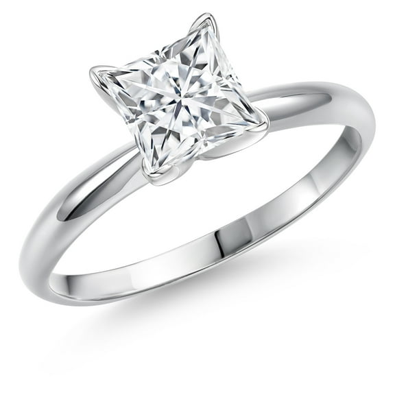 Gem Stone King 14K White Gold White Zirconia Solitaire Engagement Ring for Women | 1.24 Cttw | Princess 6MM | Gemstone Birthstone | Size 7