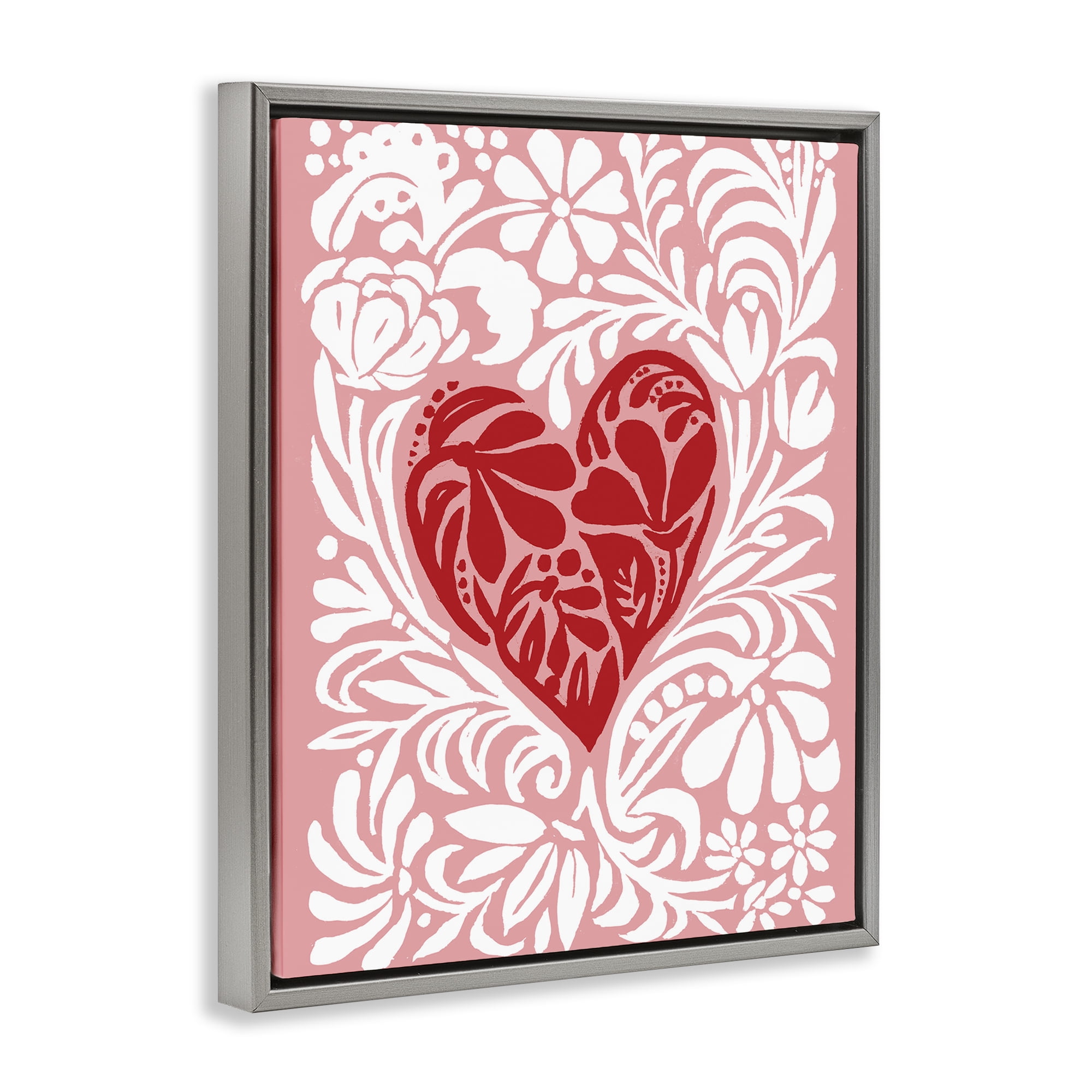 Stupell Industries Red Leafy Heart on Pink Gray Framed Floater Canvas Wall Art, design by Cindy Jacobs