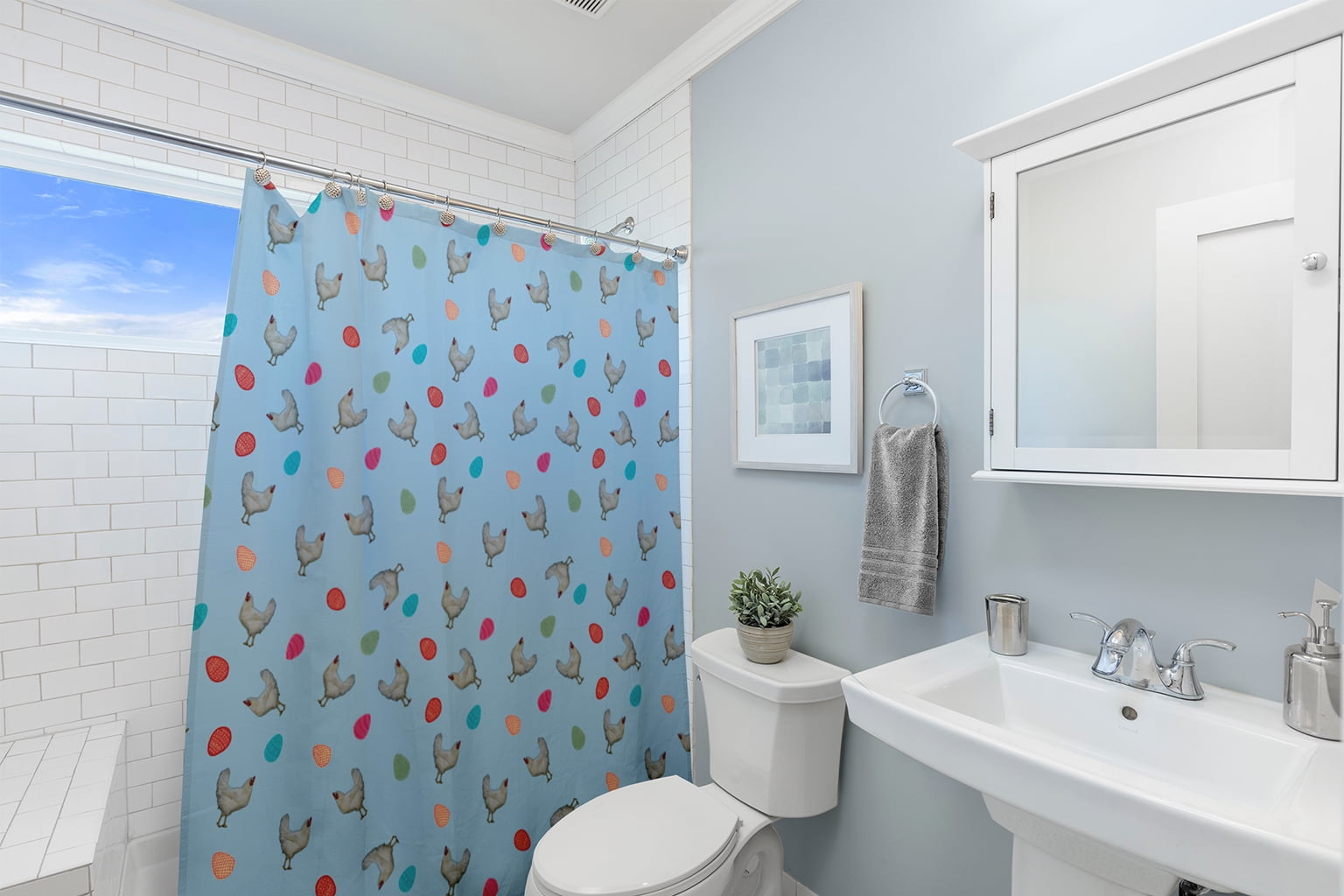 Simply Daisy 70" W x 73" L Chickens and Eggs Polyester Shower Curtain, After Rain Blue [1 Ct]