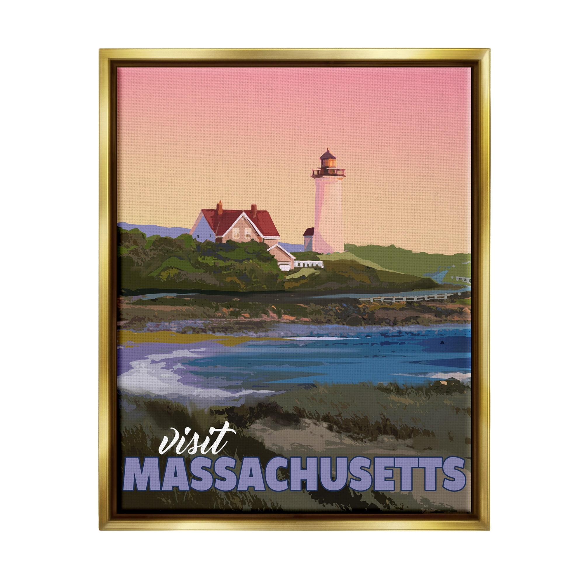 Stupell Industries Visit Massachusetts Pink Sunset Sky Ocean Inlet Graphic Art Metallic Gold Floating Framed Canvas Print Wall Art, Design by David Owens Illustration