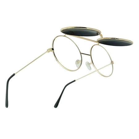 Metal Round Retro BOHO Transparent Blue Colored Mirrored Steampunk Flip UP Glasses Sunglasses