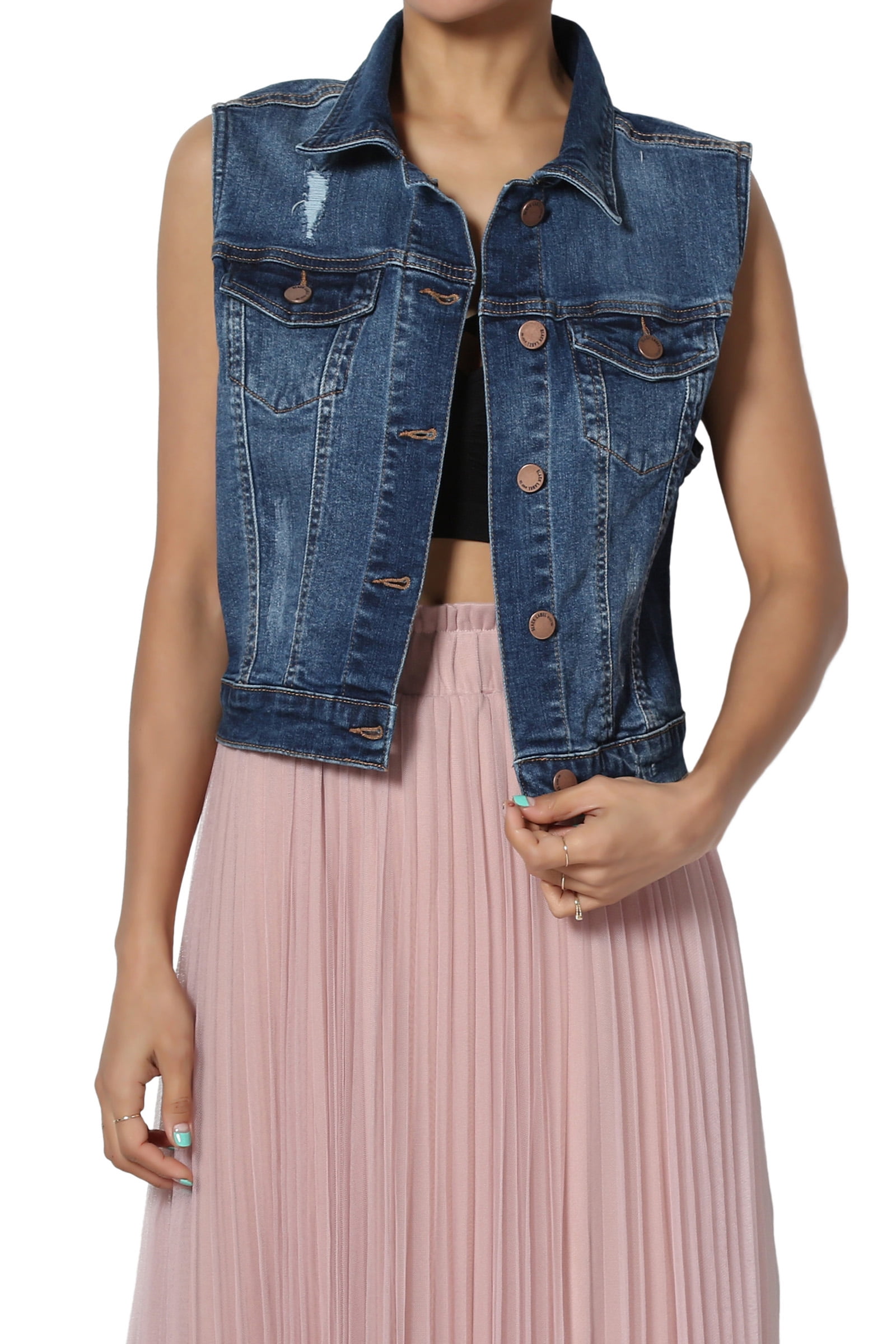 TheMogan TheMogan Women's S3X Distressed Washed Trucker Denim Vest Sleeveless Jean Jacket