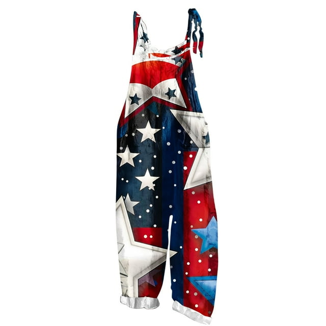 Combinaison Sans Manches Imprimée pour la Fête de l'Indépendance pour Femmes, Combinaison Décontractée en Polyester à Deux Poches, Longueur Régulière, Bleu, Lavage à la Main Froid