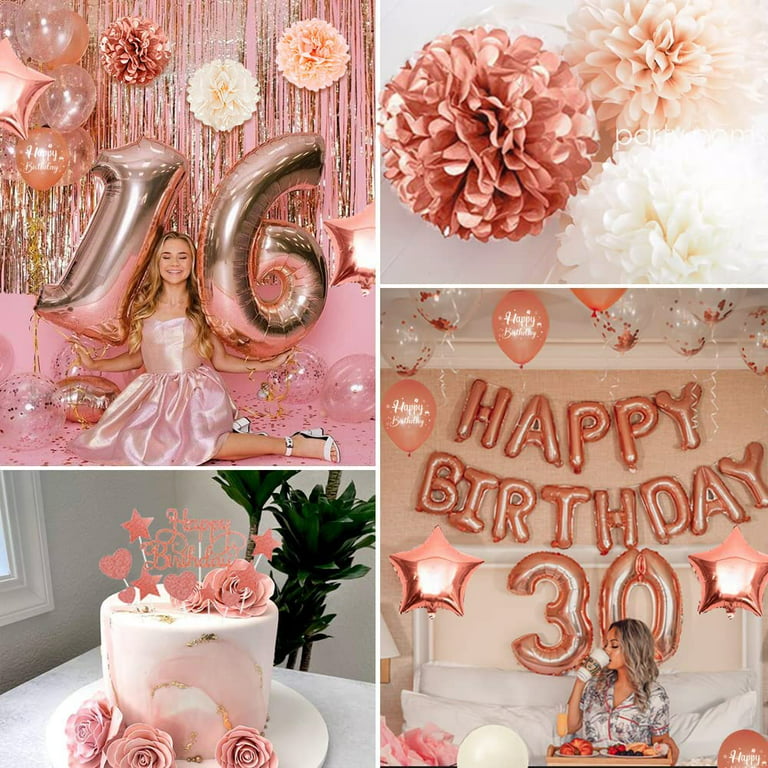 Yansion Rose Gold Birthday Party Decorations for Women Girls, Rose Gold Balloons Happy Birthday Banner Tablecloth Paper Pom Poms Foil Fringe Curtain