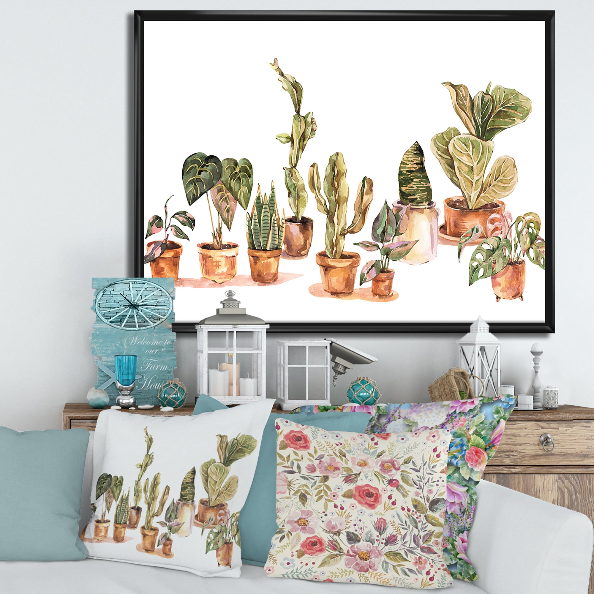 Designart 'Indoor House Plants Urban Jungle in Flowerpots I' Traditional Framed Canvas Wall Art Print