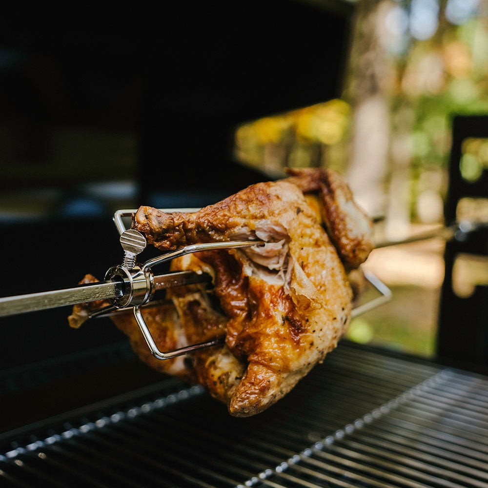 Titan Distributors Ash & Ember 4W Rotisserie Spit Roaster Grill, Rated 33 LB, Horizontal Adjustable Spit Rod for Outdoor Charcoal BBQ, Stainless Steel