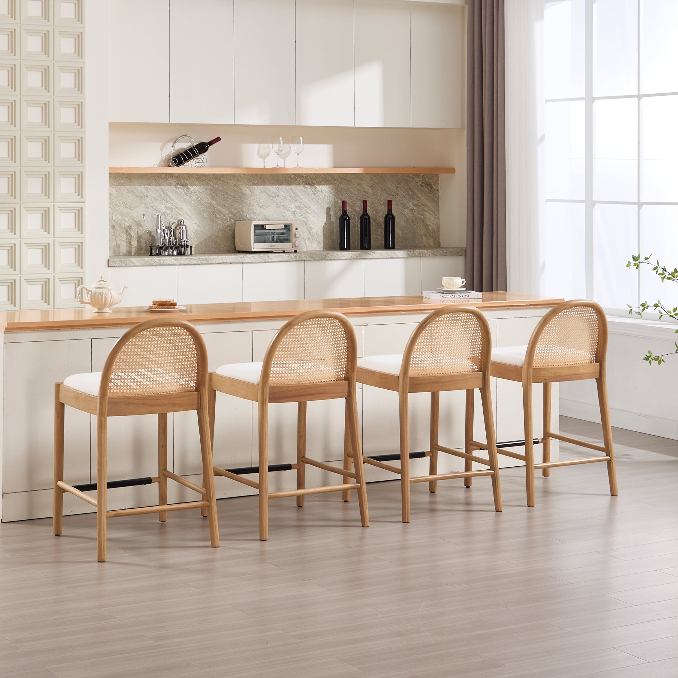Guyou Modern Bar Stools Set of 2, 26" Counter Height Bar Stools with Natural Rattan Back and Solid Wood Frame, Sherpa Upholstered Kitchen Island Chairs for Bar Island Cafe Kitchen, White