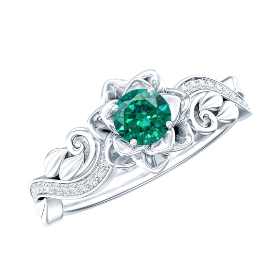 Rosec Jewels Lab Grown Emerald Flower Engagement Ring - AAAA Quality - Emerald Diamond Ring for Women - with Jewelry Box, 925 Sterling Silver, US 4.00