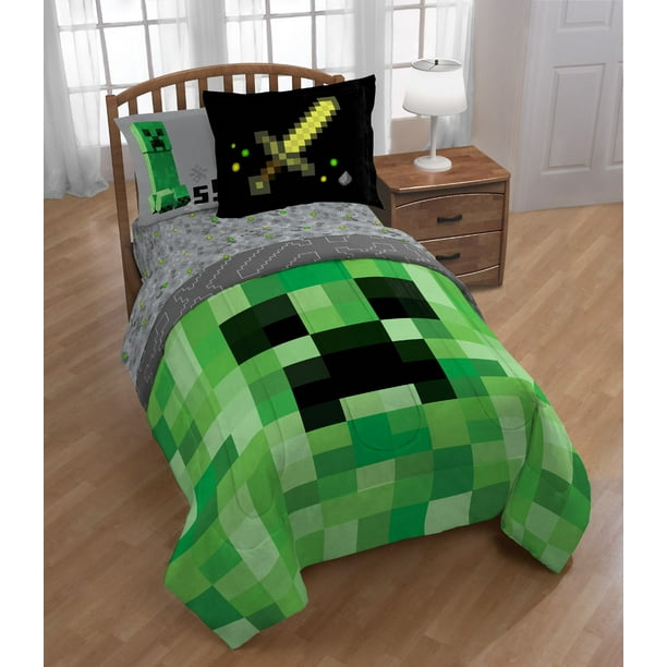 Minecraft Builders Boys Twin Comforter, Sheets & Sham W (5 Piece Bed In A Bag)