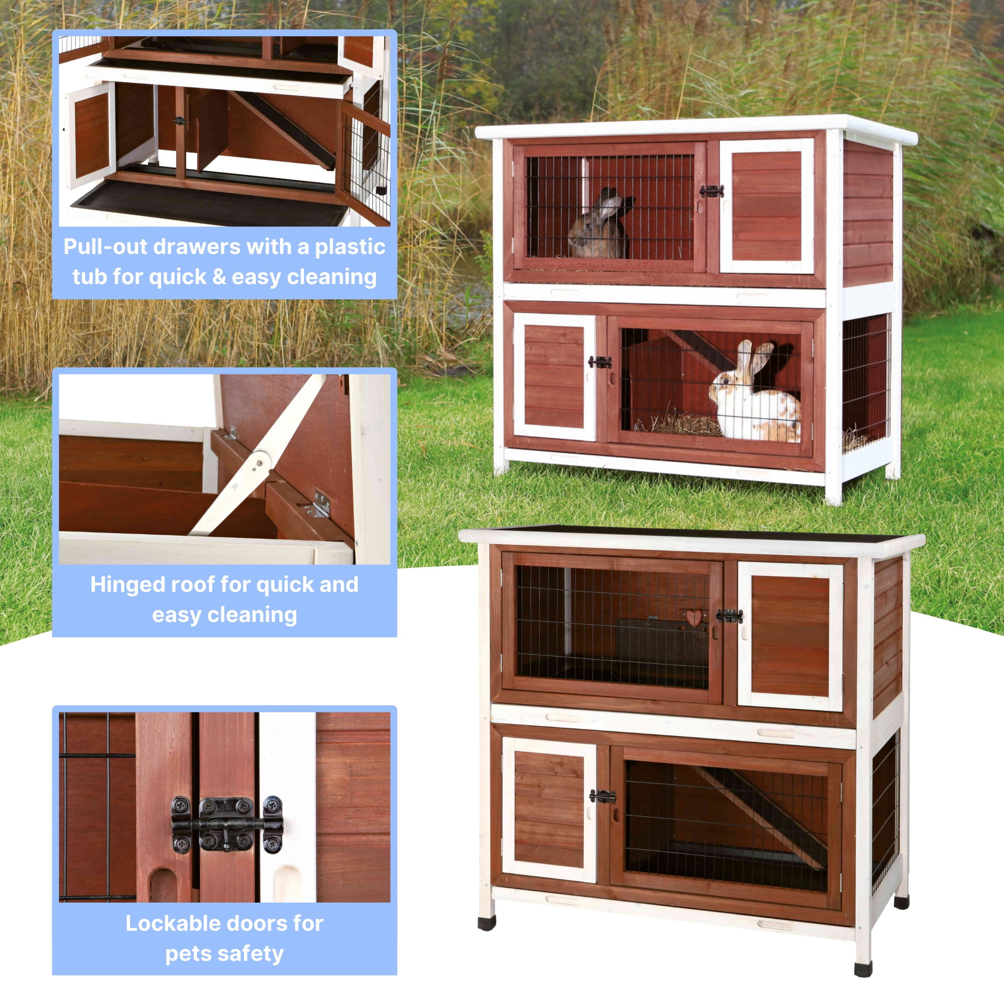TRIXIE natura Double Weatherproof Outdoor 2-Story Wooden Small Animal Hutch with & Pull-Out Trays & Ramp, Auburn