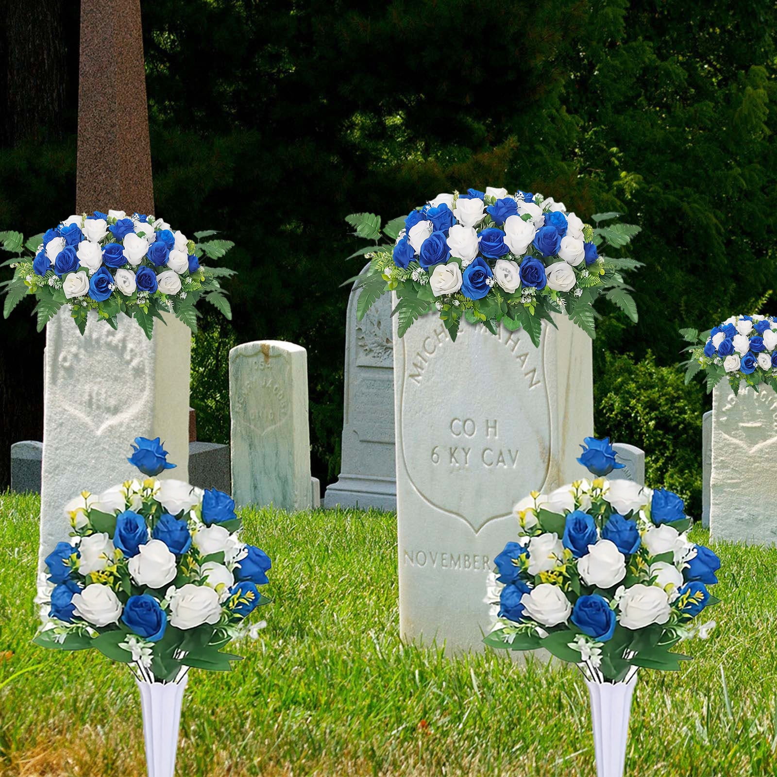 Artificial Cemetery Flower Bouquet with Saddle Weather-Resistant Realistic Silk Rose Memorial Arrangement Lasting Grave Decor for Headstones, Memorials & Cemetery Visits