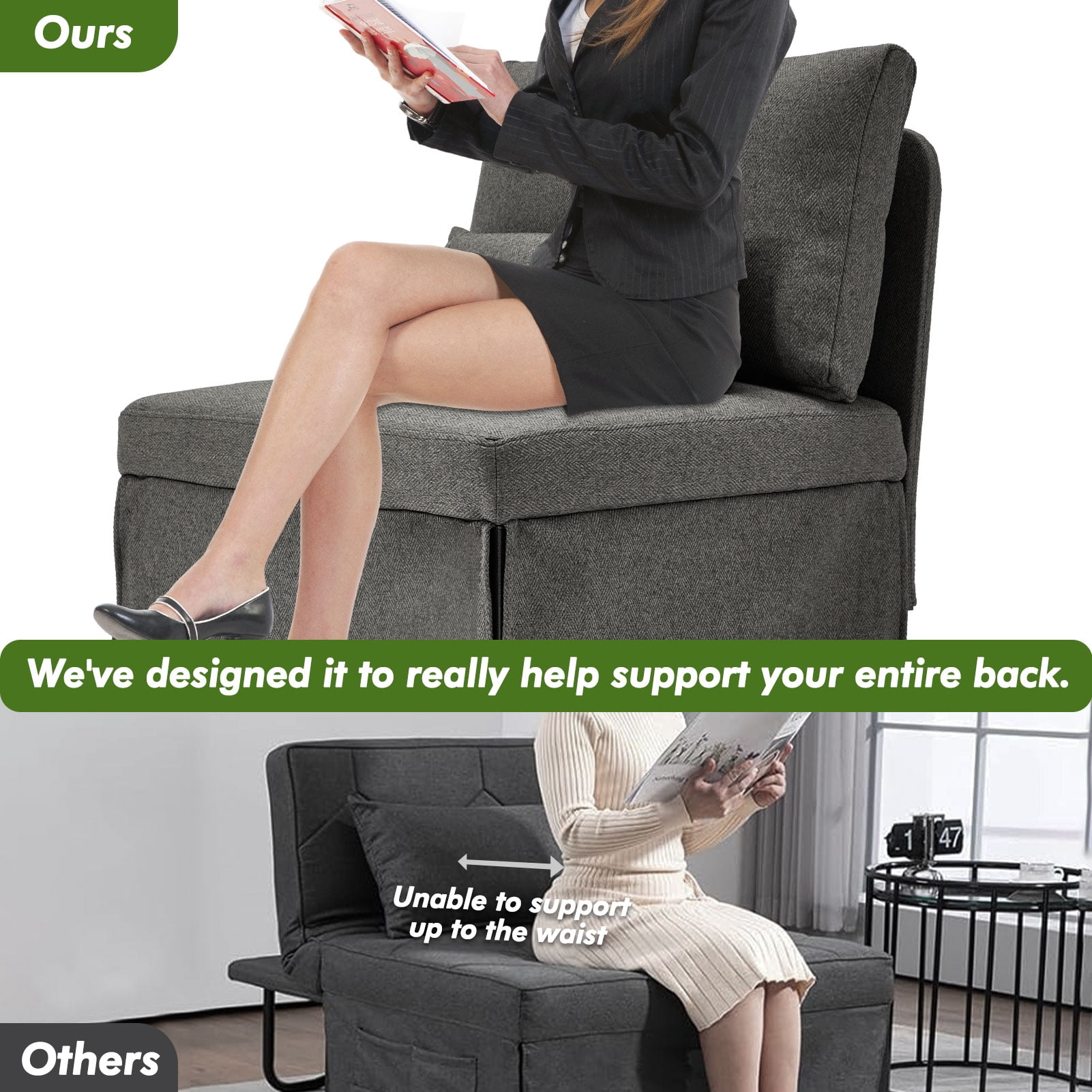 zzw 5-in-1 Convertible Sleeper Sofa Chair, Adjustable Linen Folding Ottoman Bed, Assembly-Free for Apartment Living Room