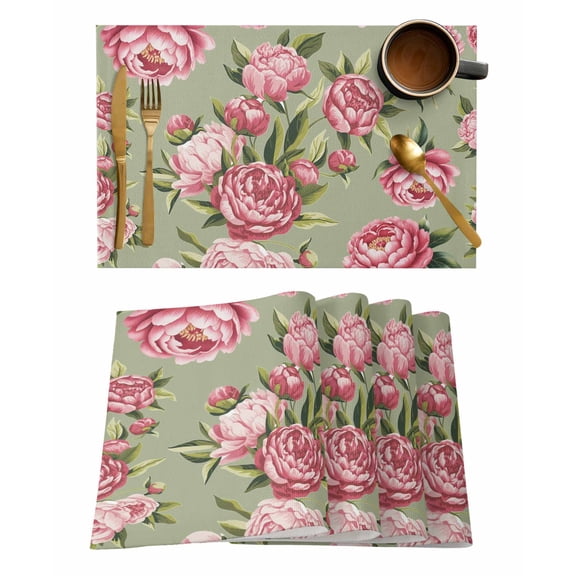 Vintage Pink Flower Placemats Set of 2 Pastoral Leaf Green Background Farm Heat Insulation Washable Place Mats, Rustic Non-Slip Table Mats for Dining Table Party Kitchen Decor,13x19 Inch