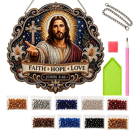 Jesus Faith Hope Love Diamond Painting Hanging Sign,DIY Religious Rhinestone Wall Art Craft Kit for Home Wall Decor