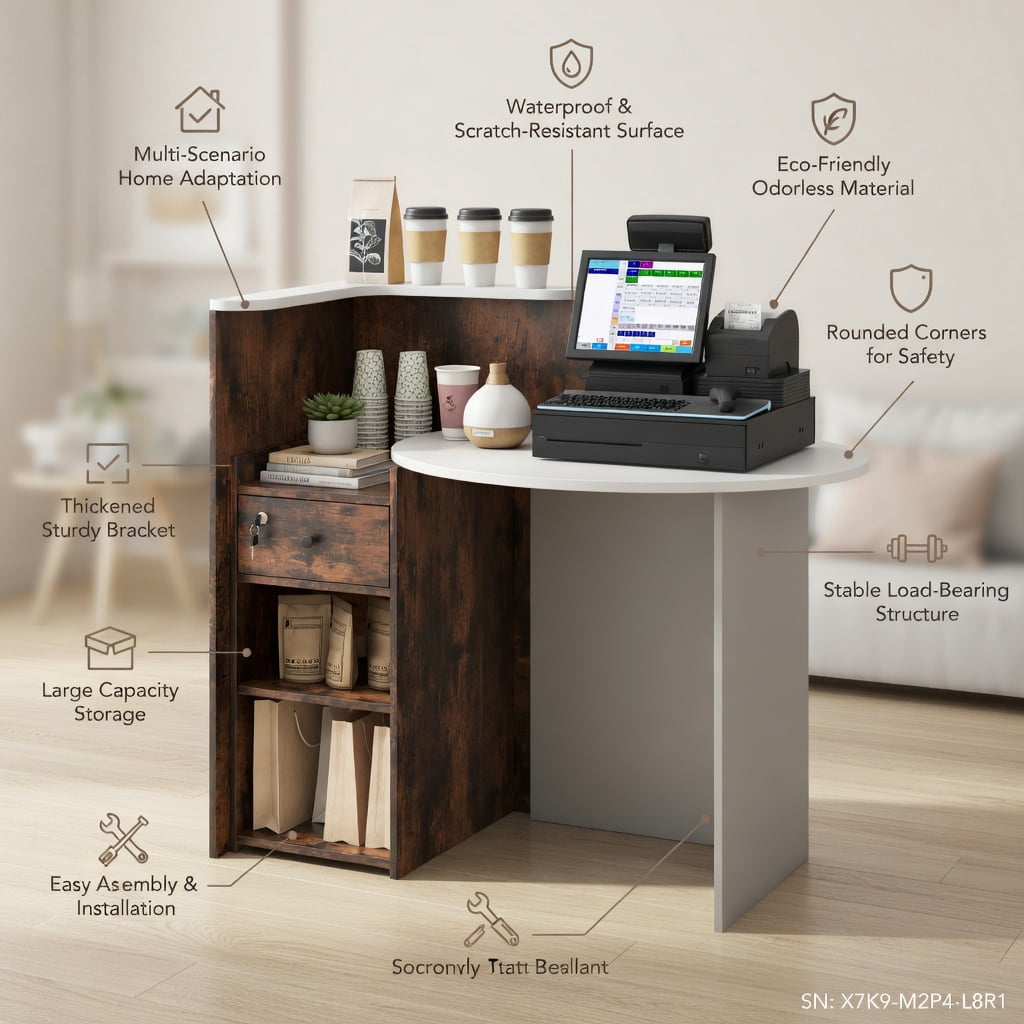 Demi Bonn Front Reception Office Desk with Open Shelf and Lockable Drawer, Small Home Computer Desk Study Writing Table, White + Brown