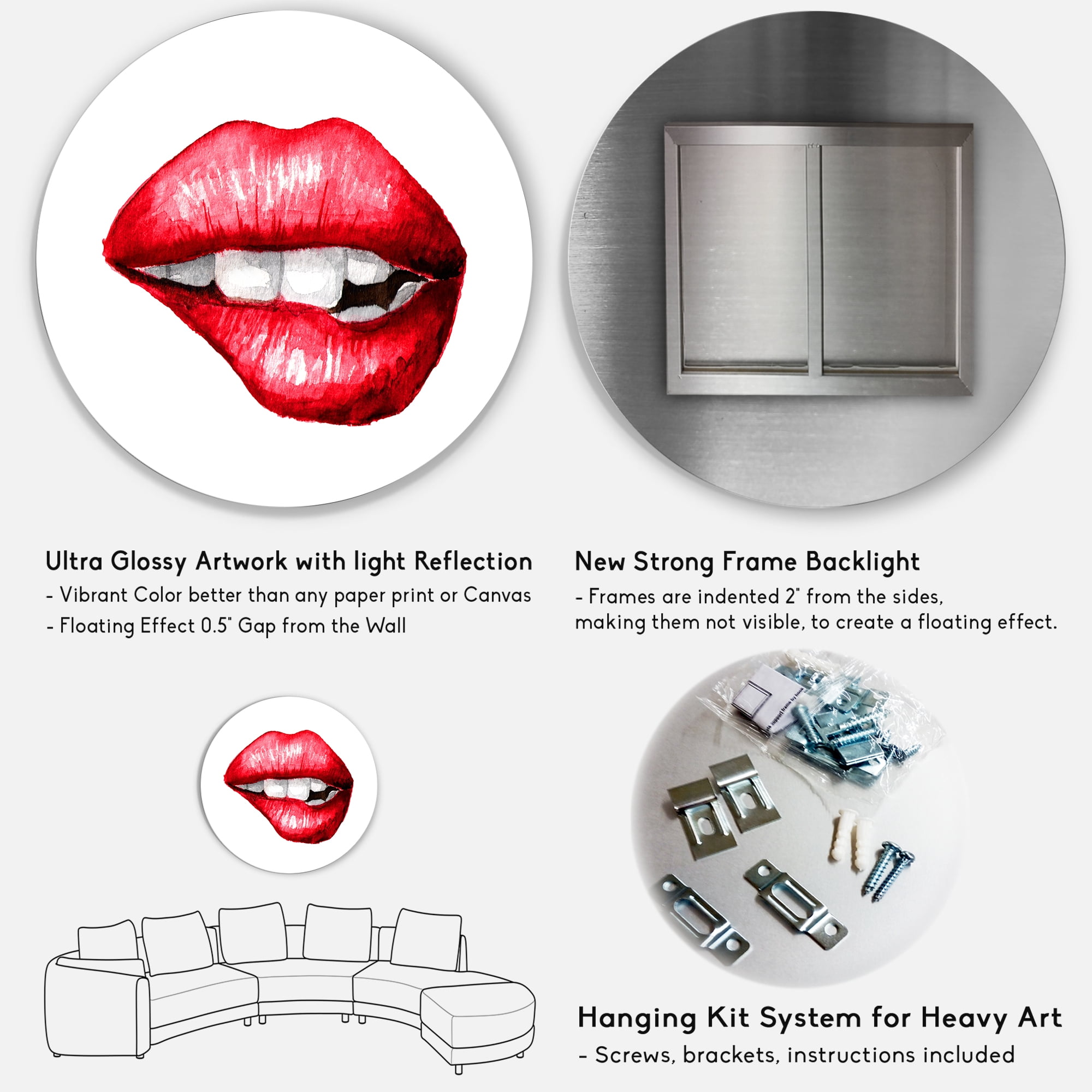 Designart 'Sexy Plump Puffy Girl Lips Biting' Modern Circle Metal Wall Art 11x11 - Disc of 11