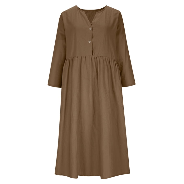Lcziwo Women's 3/4 Sleeve Dresses Henley V Neck Button Up Cotton Linen Maxi  Dress Western Summer Beach Vacation Sundress with Pockets Brown,L -  Walmart.com