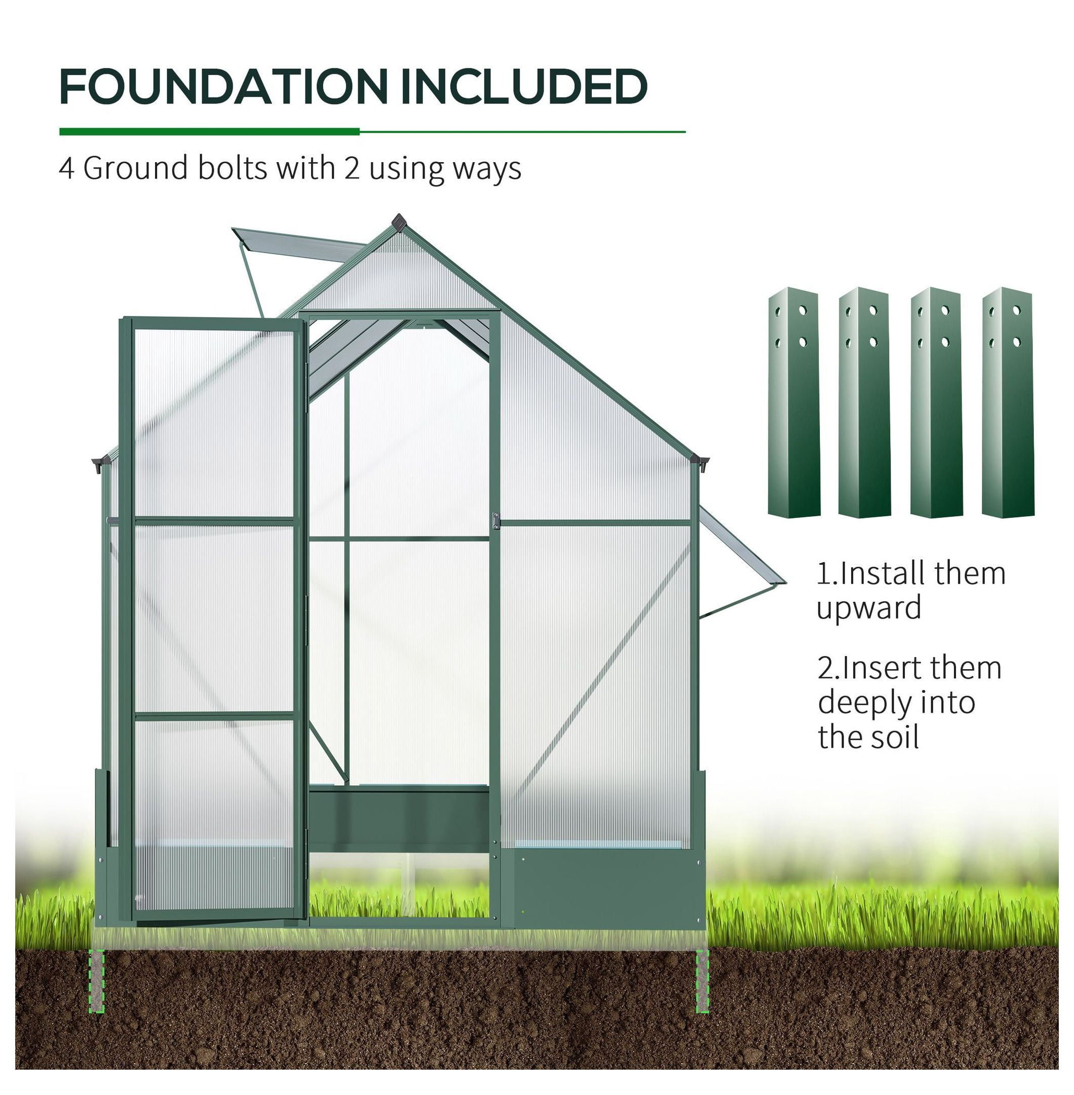 Walk-in Greenhouse 6x8x7ft, Polycarbonate Hobby Greenhouse for Outdoor Use, Temperature Controlled Window, Backyard Plant Grow House with Foundation