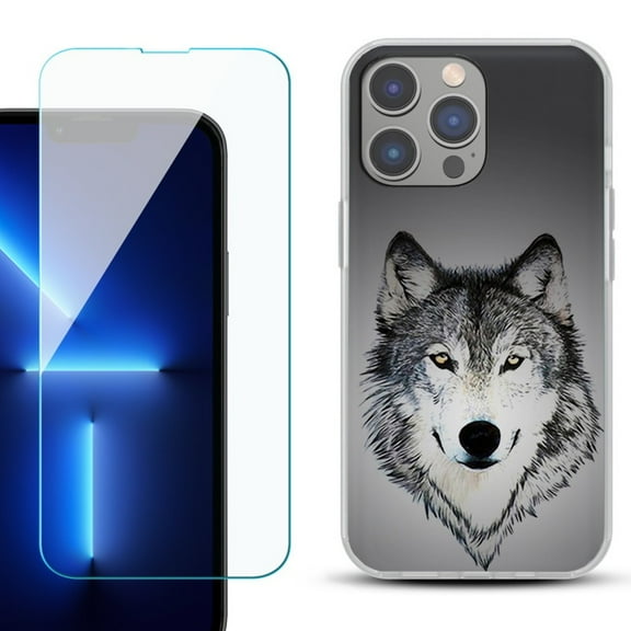 Slim-Fit Gel TPU Phone Case for iPhone 14 Pro Max, with Tempered Glass Screen Protector, by OneToughShield ® - Wolf Face