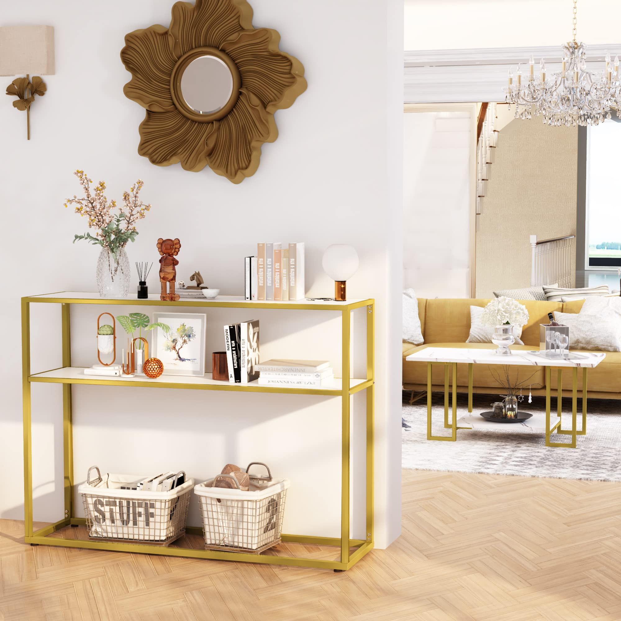 AWQM Storage Multi 3 Tiers 2 Pieces Marble Coffee Table, 2 Side Table, White/Gold