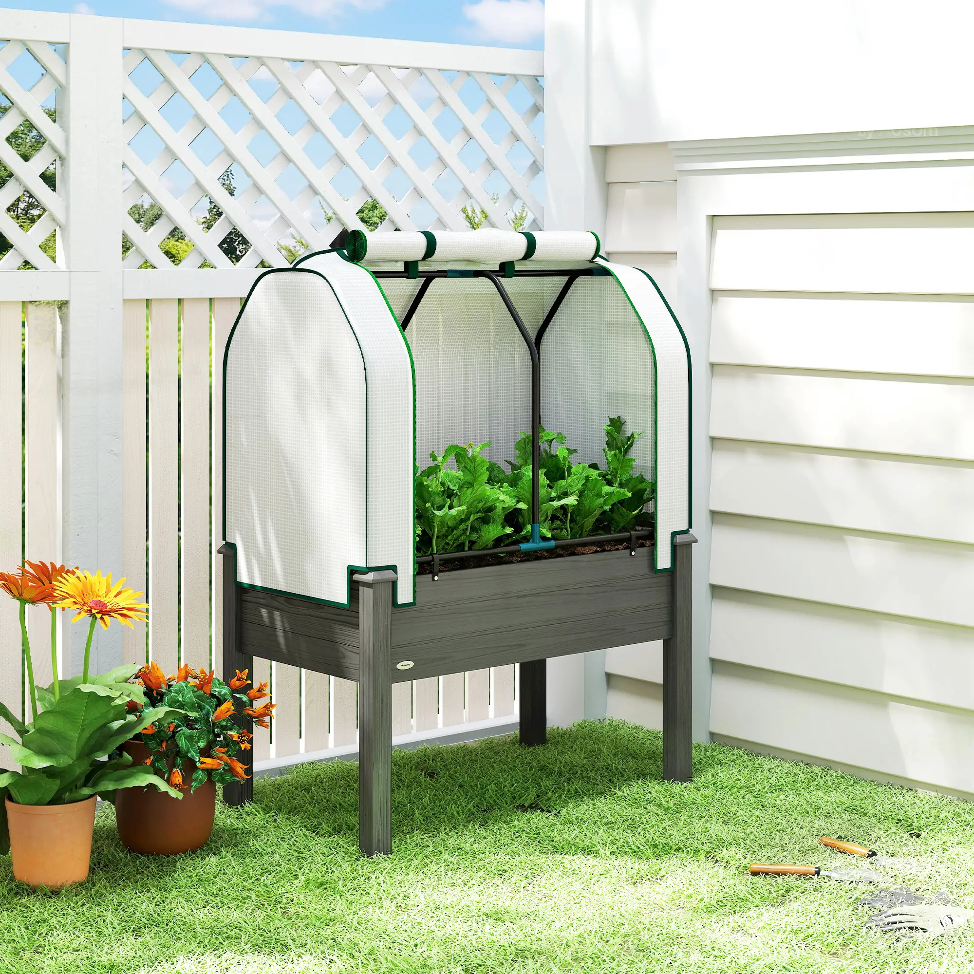 Raised Garden Bed with PE Cover, Fir Wood & Steel Frame, Roll-Up Ventilated Cover, Non-Woven Fabric, 4 Drainage Holes, Planter Box for Flowers Vegetables Outdoor