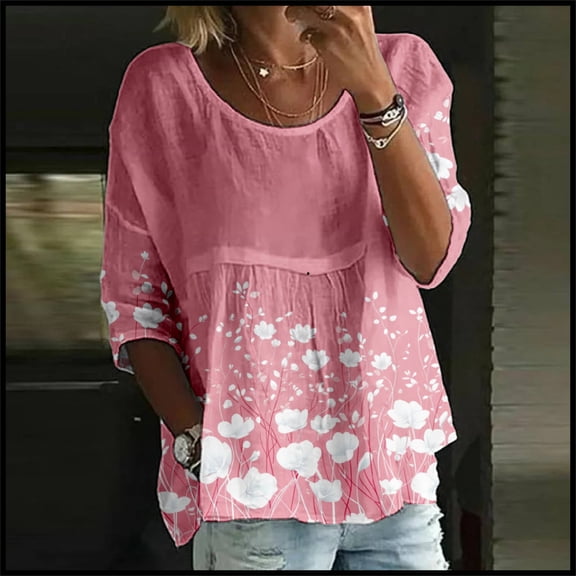 Oversized Tshirts for Women, Floral Print 3/4 Sleeved Round Neck Loose Large Size T Shirt, Red XXL