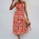 thumbnail image 2 of Vestido con cuello halter para mujer, elegante, a la moda, con cintura elástica, vestido sin espalda con estampado floral, rojo L, 2 of 9