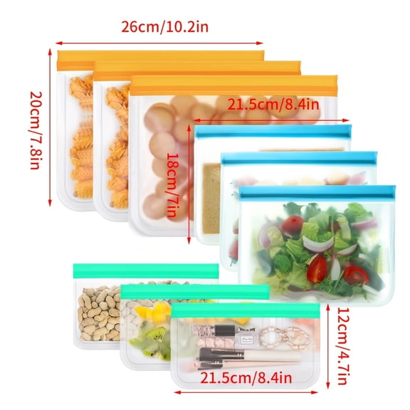 9pcs Silicone Food Storage Pouches - Leak-Proof, Fresh-Keeping, BPA-Free, Self-Sealing, Fruit and Vegetable Freezer Bags - Stand Up Fresh Wrap Ziplock Bag for Sandwich, Lunch, Meat, and Sub-Packaging