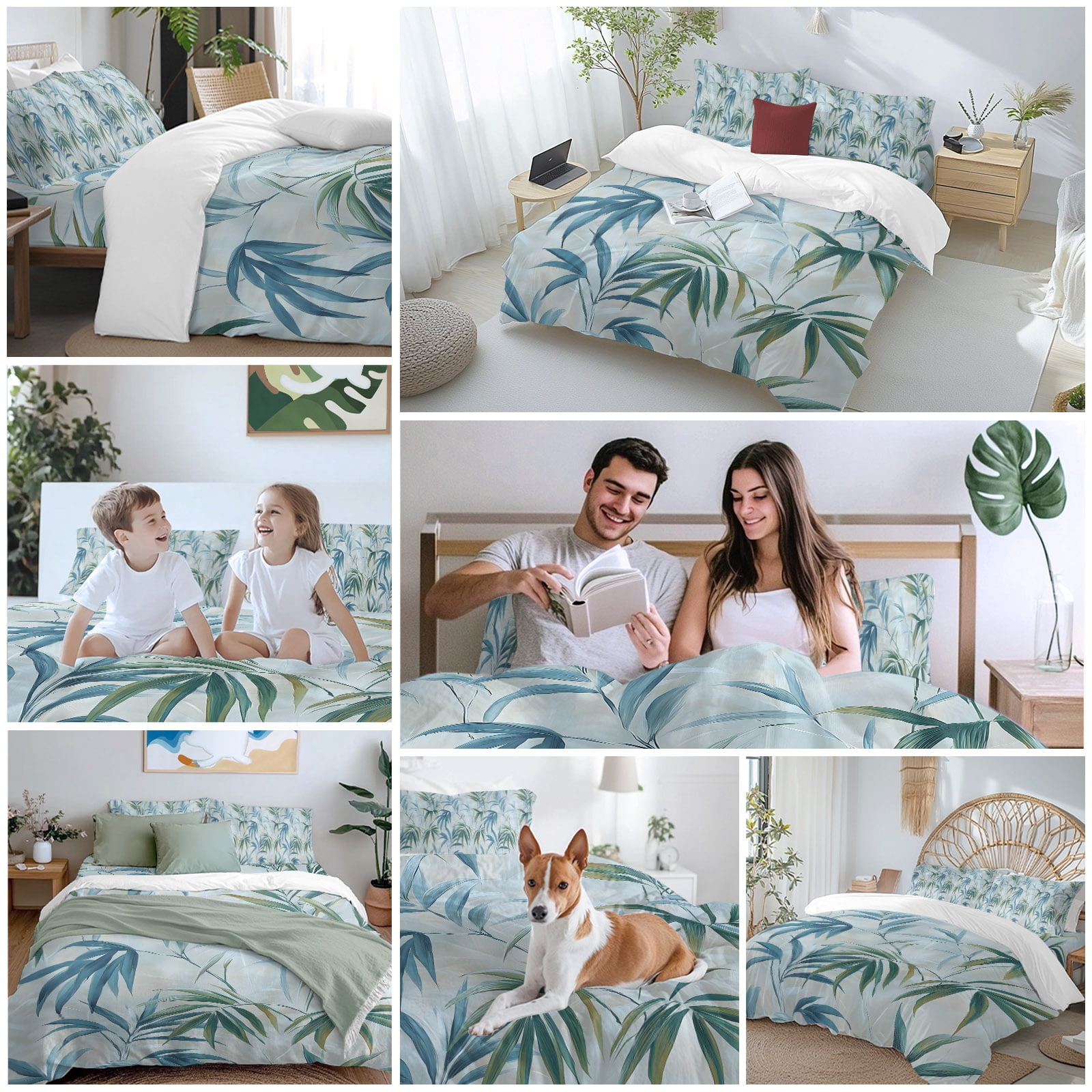 Bamboos Leaf Queen Duvet Cover Set, Green Watercolor Leaves Modernism 4 Piece Microfiber Bedding Set with Zipper Closure, Bed Sheet and 2 Pillow Shams, Soft Bedding Cover