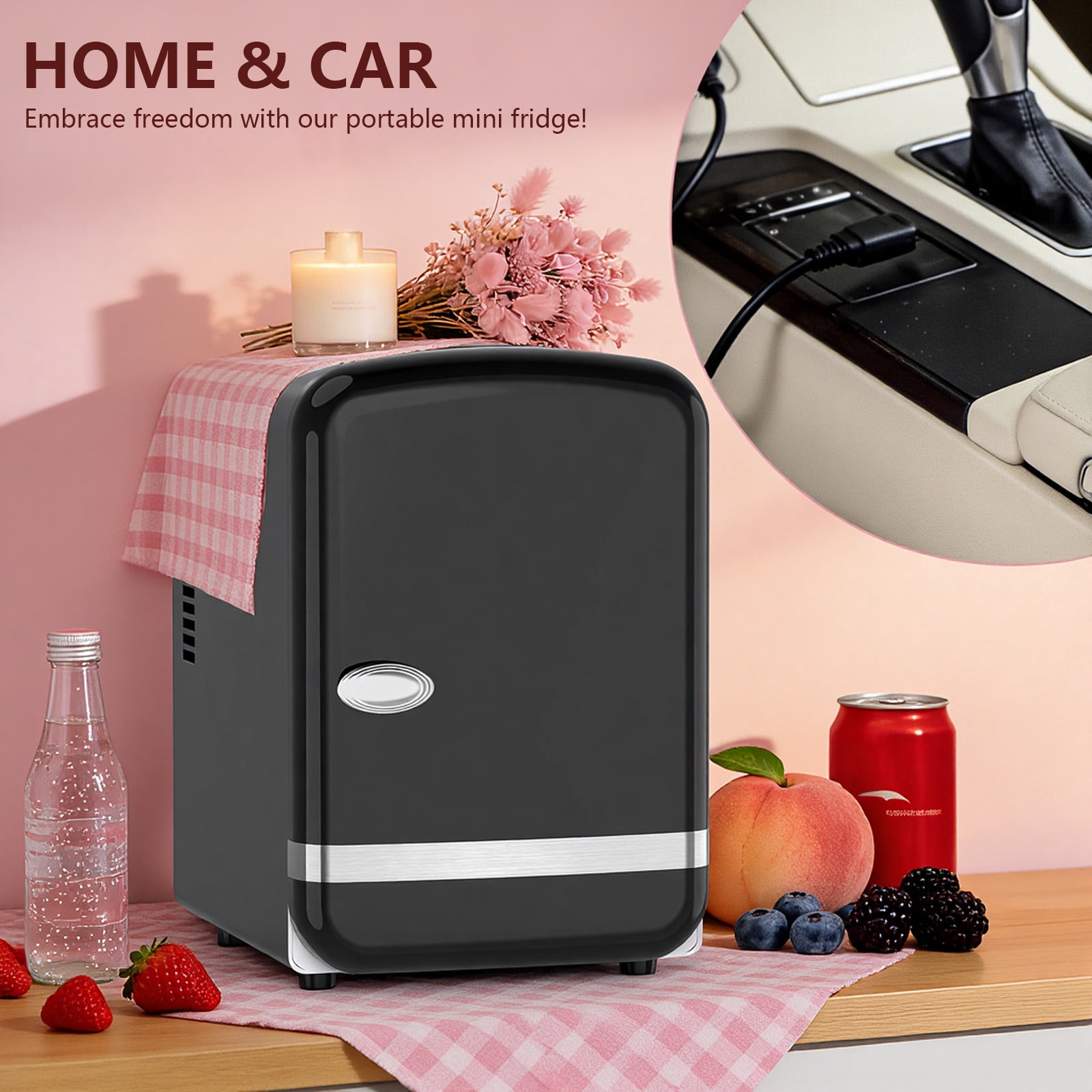 KNDKO Mini Fridge, 4L/6 Cans Cooler and Warmer Compact Refrigerator Skincare, Makeup & Drink, Portable Desk Fridge for Car, Office, Dorm, Black